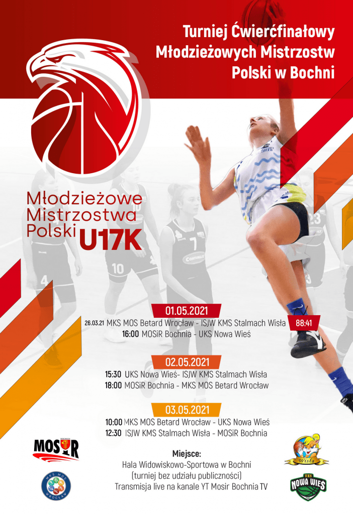plakat Ćwierćfinałów Młodzieżowych Mistrzostw Polski w Koszykówce U17 kobiet, Bochnia 1-2 maja 2021